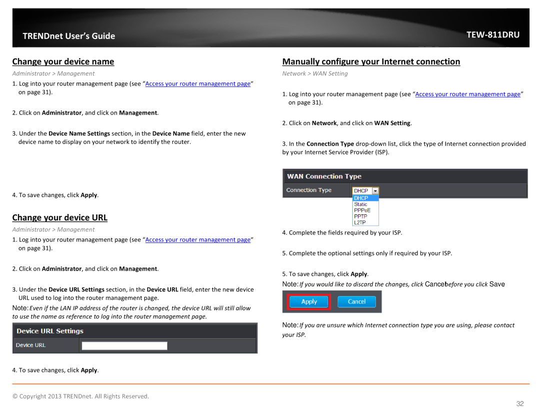 TRENDnet TEW811DRU manual Change your device name, Change your device URL, Manually configure your Internet connection 