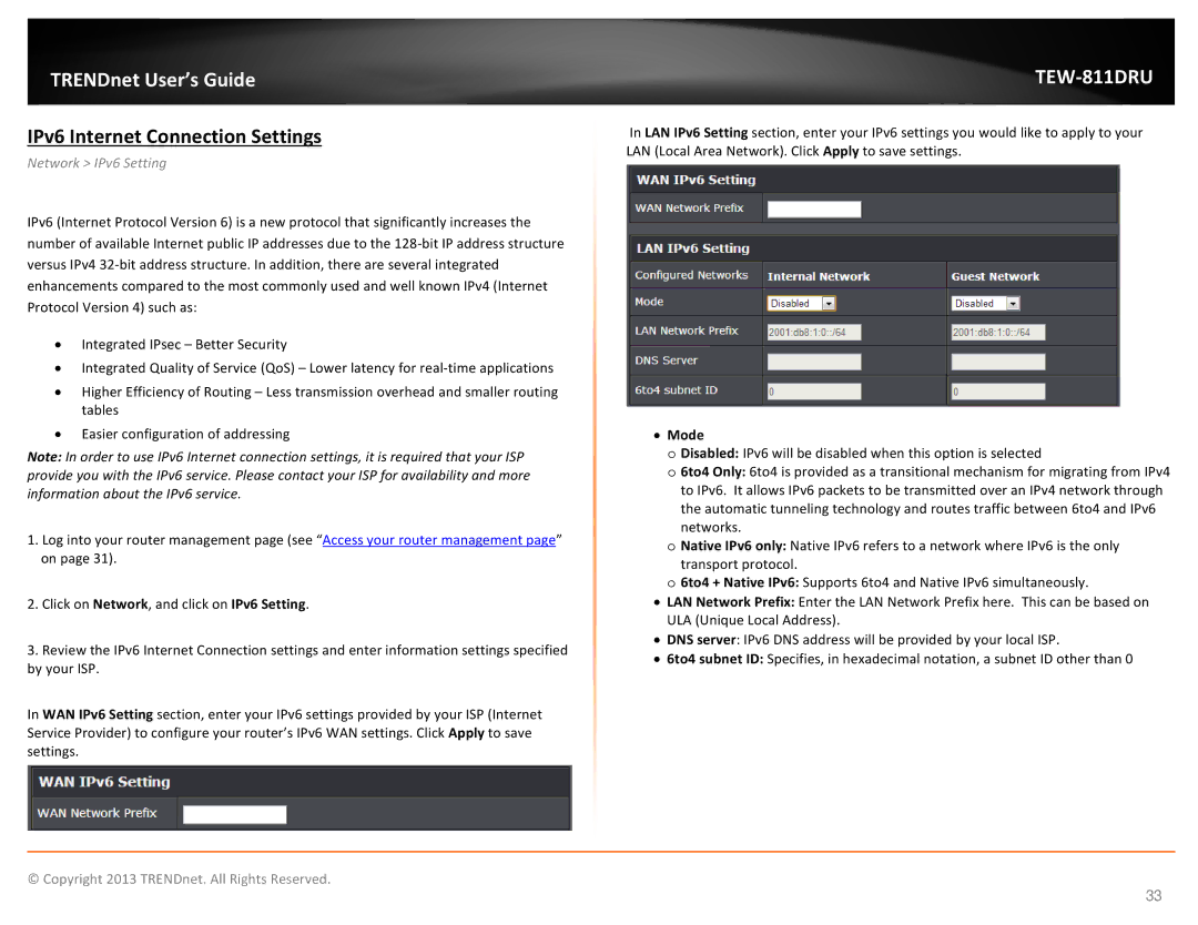 TRENDnet TEW811DRU manual IPv6 Internet Connection Settings, Network IPv6 Setting 