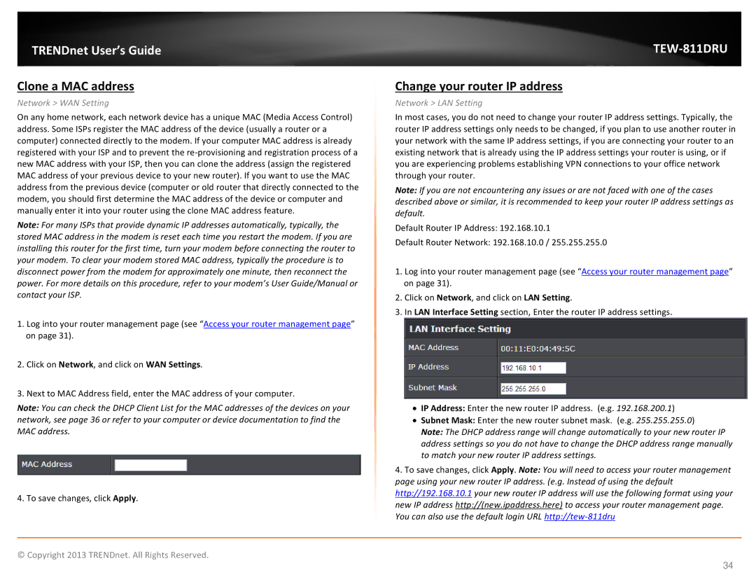 TRENDnet TEW811DRU manual Clone a MAC address, Change your router IP address, Network LAN Setting 