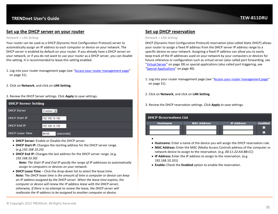 TRENDnet TEW811DRU manual Set up the Dhcp server on your router, Set up Dhcp reservation 