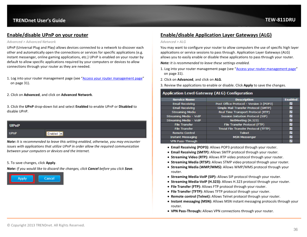 TRENDnet TEW811DRU manual Enable/disable UPnP on your router, Enable/disable Application Layer Gateways ALG, Advanced ALG 