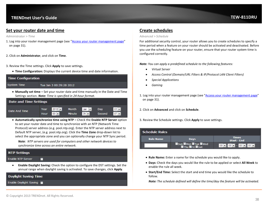 TRENDnet TEW811DRU manual Set your router date and time, Create schedules, Administrator Time, Advanced Schedule 