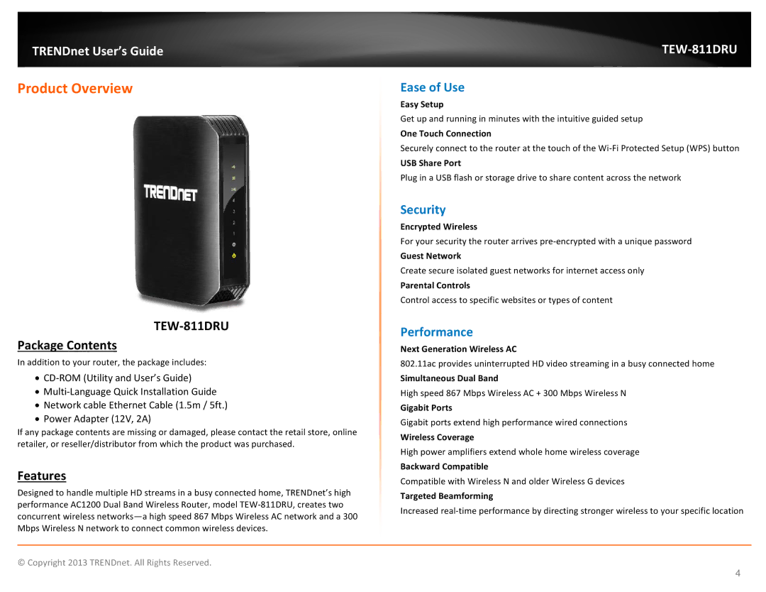 TRENDnet TEW811DRU manual Product Overview, Package Contents, Features 