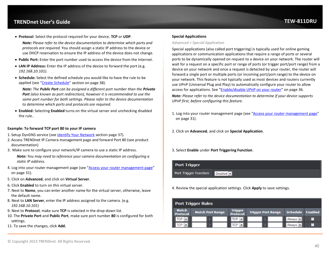 TRENDnet TEW811DRU Example To forward TCP port 80 to your IP camera, Special Applications, Advanced Special Application 