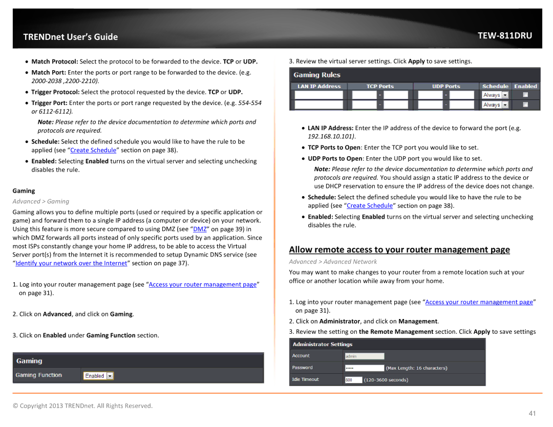 TRENDnet TEW811DRU manual Allow remote access to your router management, Advanced Gaming 