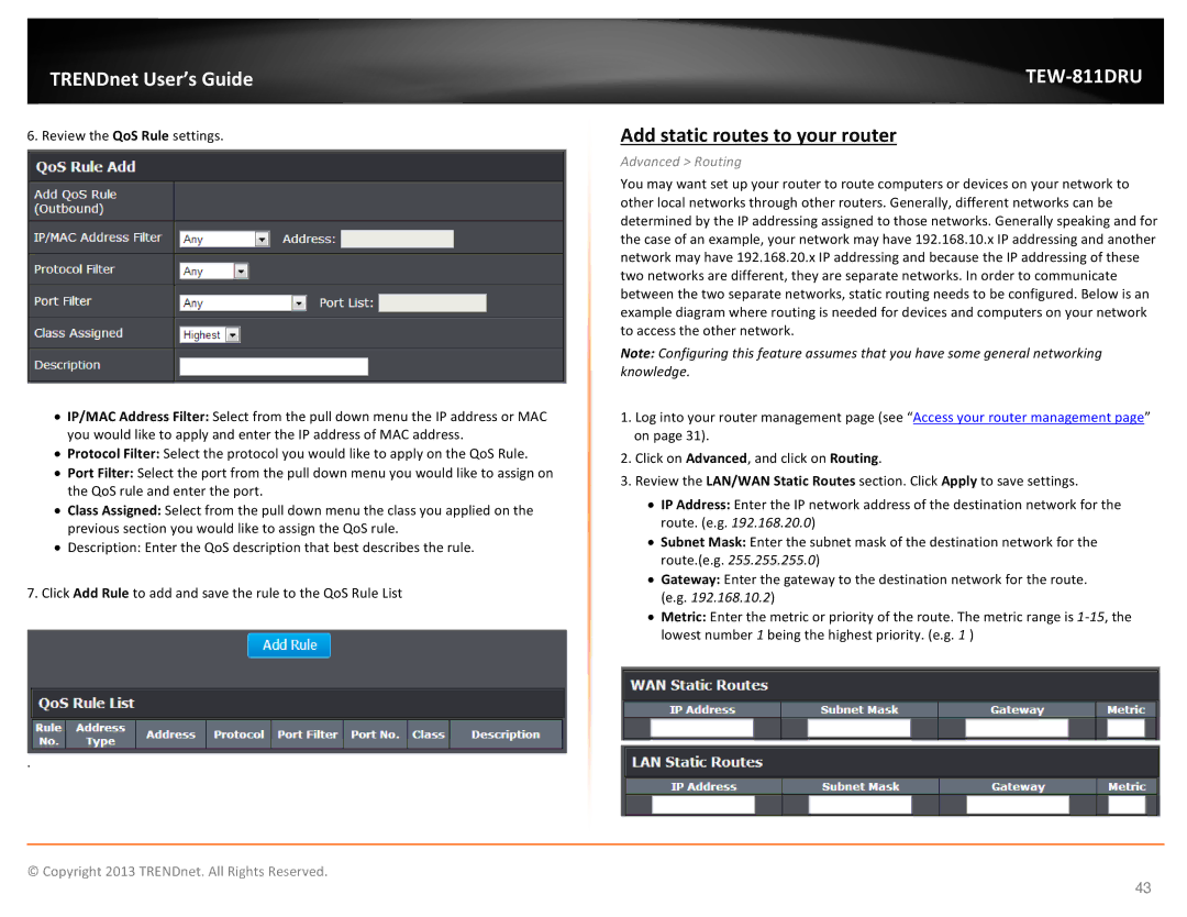 TRENDnet TEW811DRU manual Add static routes to your router, Advanced Routing 