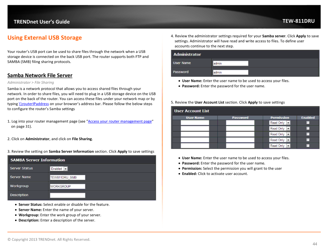 TRENDnet TEW811DRU manual Using External USB Storage, Samba Network File Server, Administrator File Sharing 