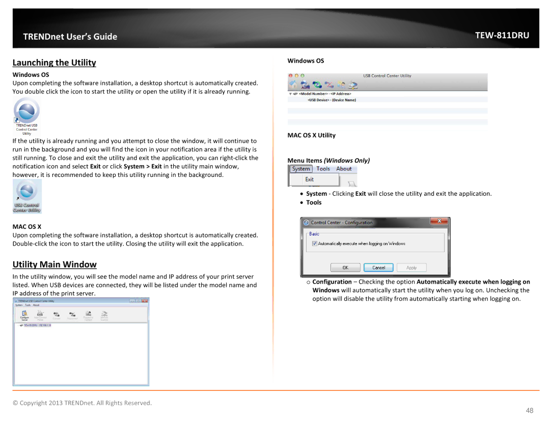 TRENDnet TEW811DRU manual Launching the Utility, Utility Main Window, Windows OS MAC OS X Utility 