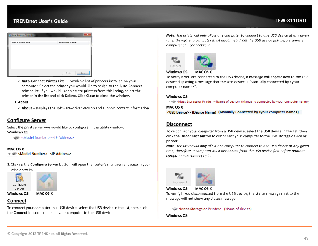 TRENDnet TEW811DRU manual Configure Server, Connect, Disconnect, About, Windows OS MAC OS 