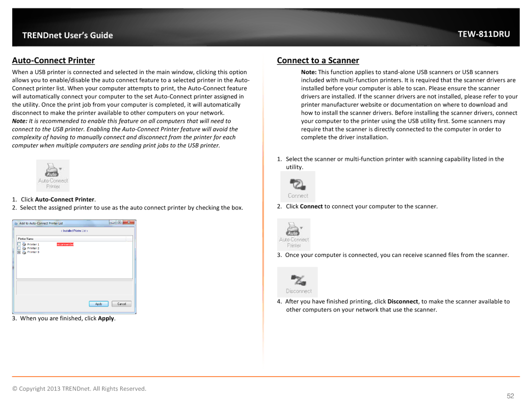 TRENDnet TEW811DRU manual Connect to a Scanner, Click Auto-Connect Printer 
