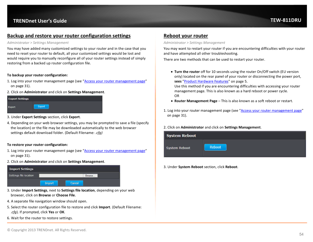 TRENDnet TEW811DRU manual Backup and restore your router configuration settings, Reboot your router 