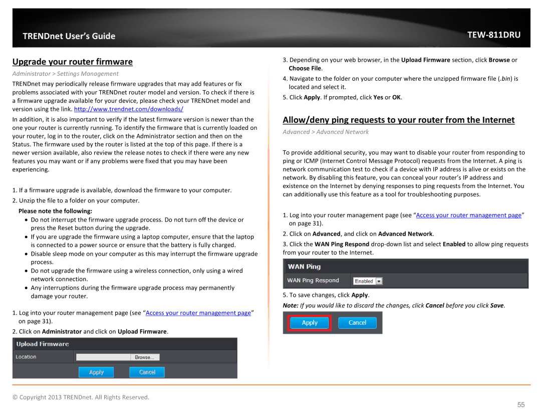 TRENDnet TEW811DRU manual Upgrade your router firmware, Allow/deny ping requests to your router from the Internet 