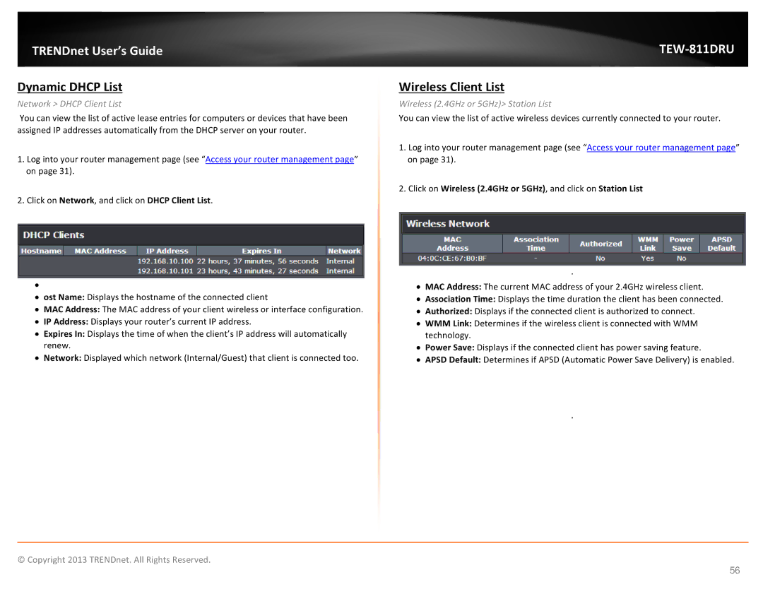 TRENDnet TEW811DRU Dynamic Dhcp List, Wireless Client List, Network Dhcp Client List, Wireless 2.4GHz or 5GHz Station List 