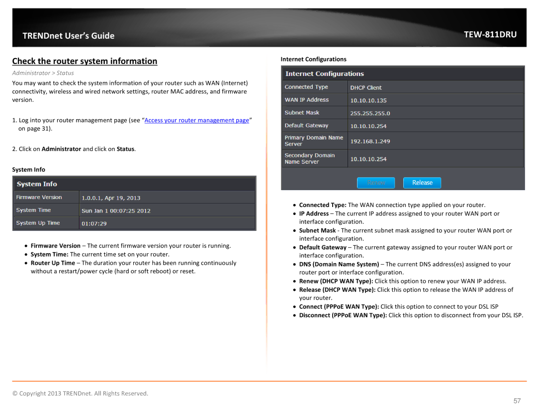 TRENDnet TEW811DRU manual Check the router system information, Administrator Status, System Info, Internet Configurations 