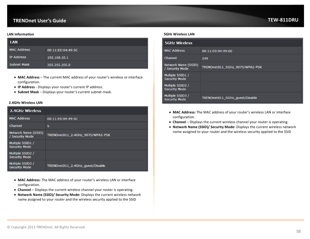 TRENDnet TEW811DRU manual LAN Information, 4GHz Wireless LAN, 5GHz Wireless LAN 