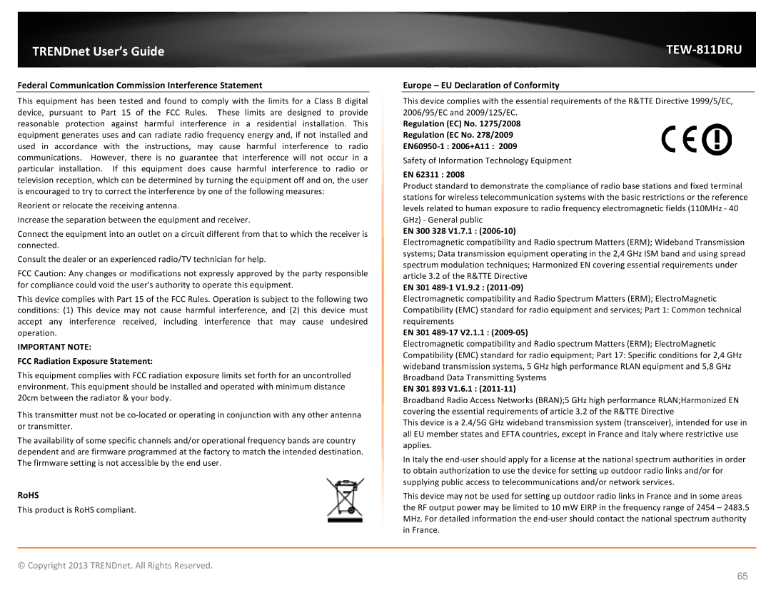 TRENDnet TEW811DRU manual Federal Communication Commission Interference Statement, FCC Radiation Exposure Statement, RoHS 