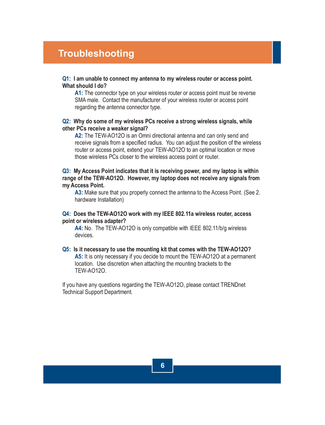 TRENDnet TEWAO12O manual Troubleshooting 