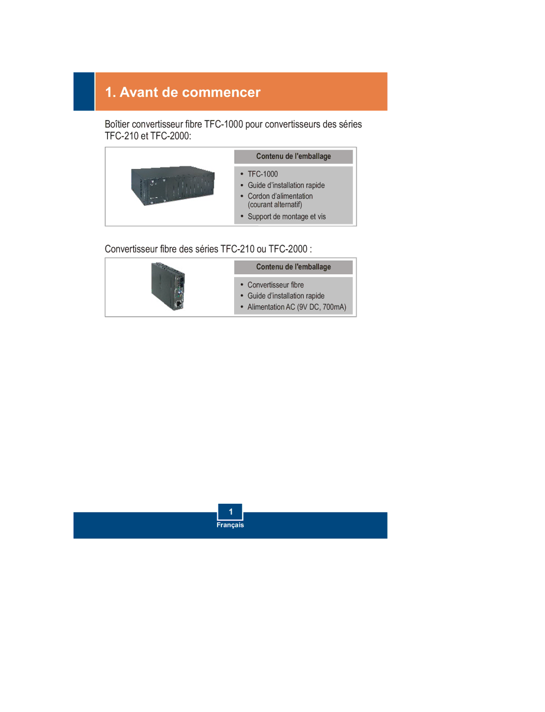 TRENDnet TFC-1000, TFC-2000 SERIES, TFC-210 SERIES manual Avant de commencer, Contenu de lemballage 