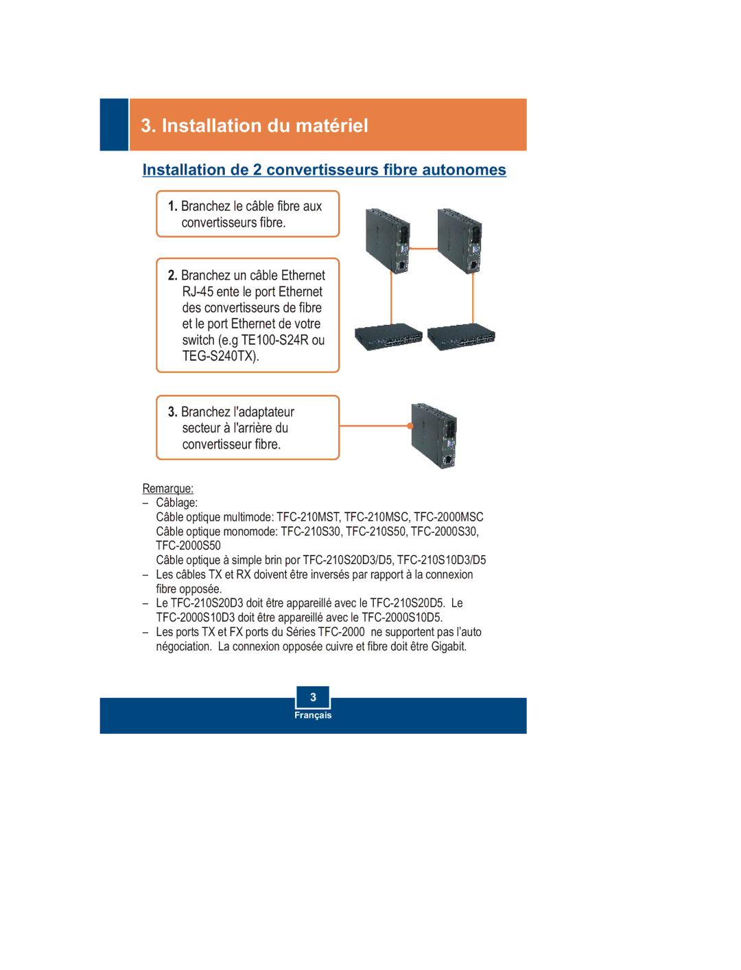 TRENDnet TFC-210 SERIES, TFC-1000 manual Installation du matériel, Installation de 2 convertisseurs fibre autonomes 