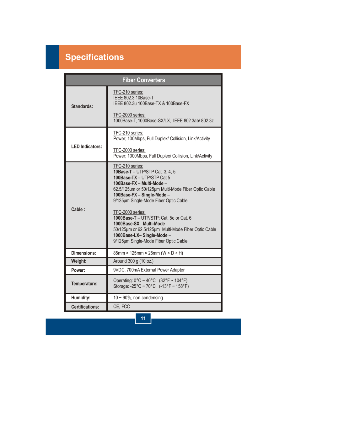 TRENDnet TFC-2000 SERIES, TFC-1000, TFC-210 SERIES manual Specifications, Fiber Converters 