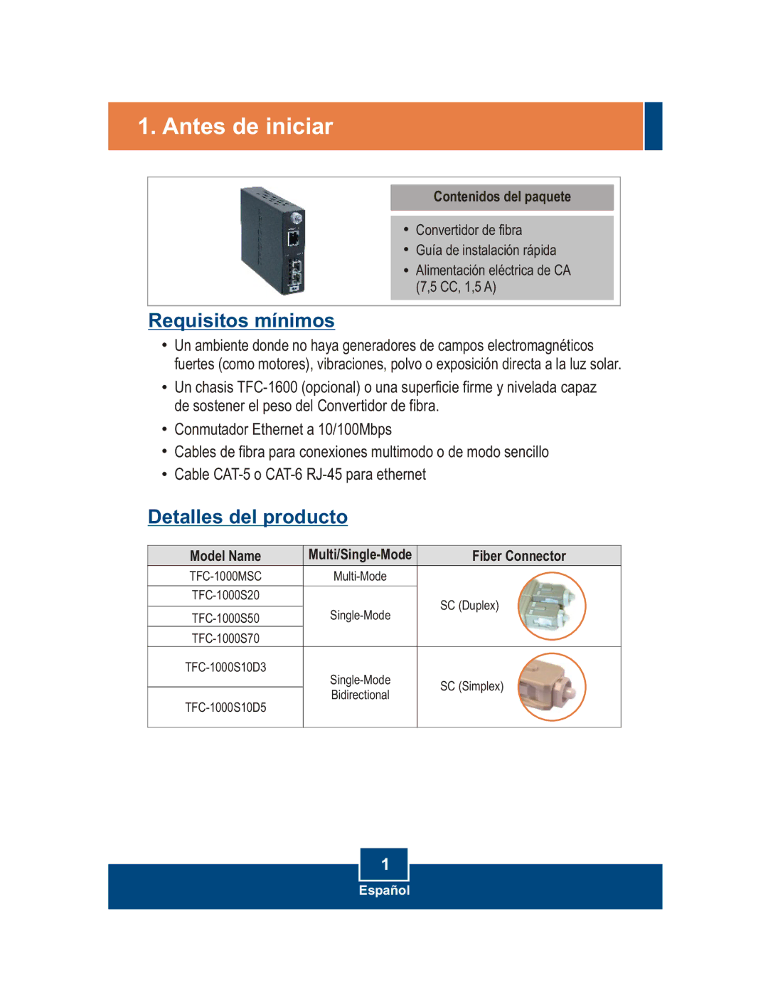 TRENDnet TFC-1000MSC manual Antes de iniciar, Contenidos del paquete, Model Name Multi/Single-Mode, Fiber Connector 