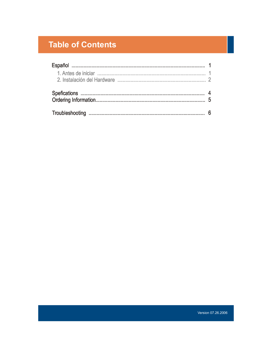 TRENDnet TFC-1000MSC Table of Contents, Español, Antes de iniciar, Instalación del Hardware, Spefications, Troubleshooting 
