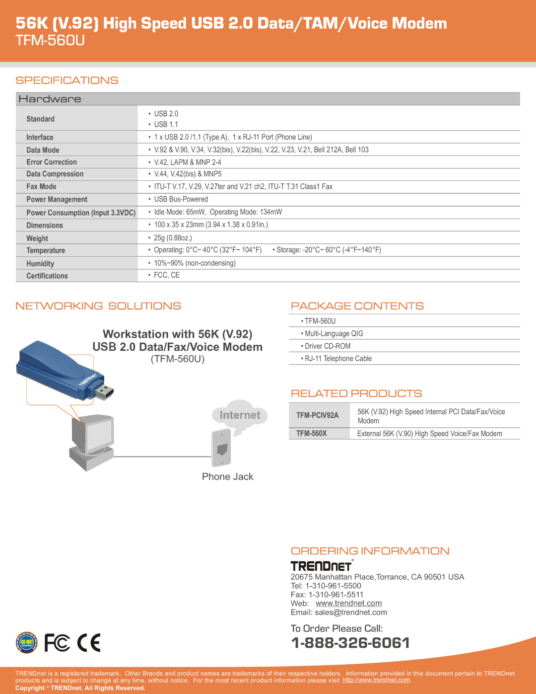 TRENDnet TFM-56OU specifications 56K V.92 High Speed USB 2.0 Data/TAM/Voice Modem, TFM-560U, Internet 