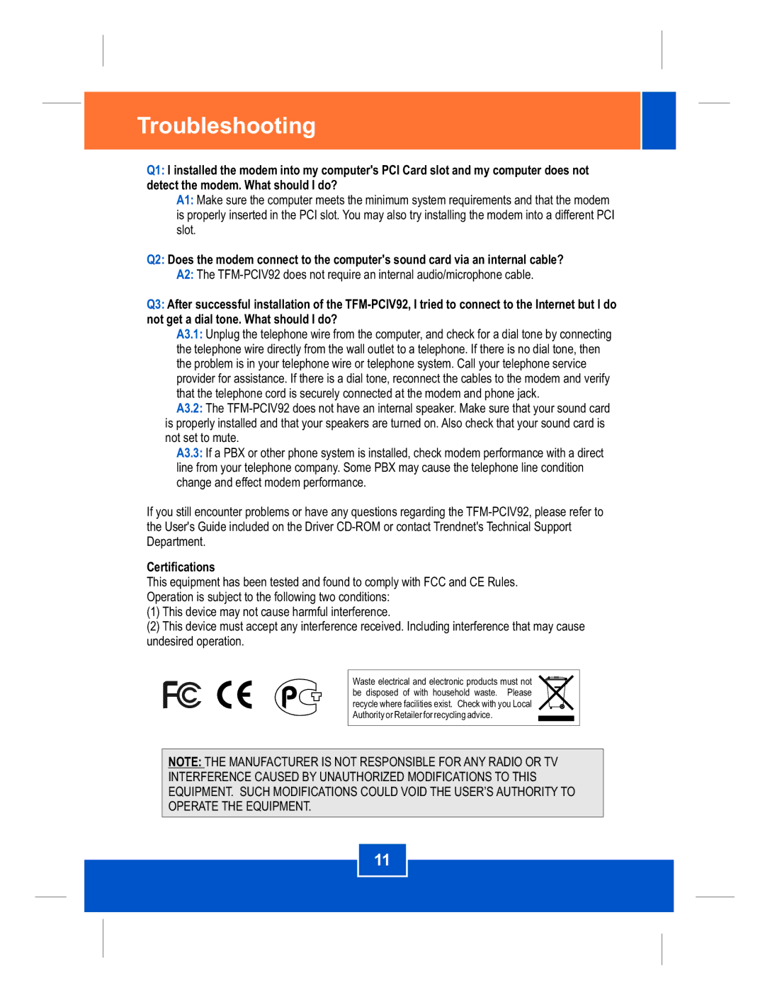 TRENDnet TFM-PCIV92 manual Troubleshooting, Certifications 