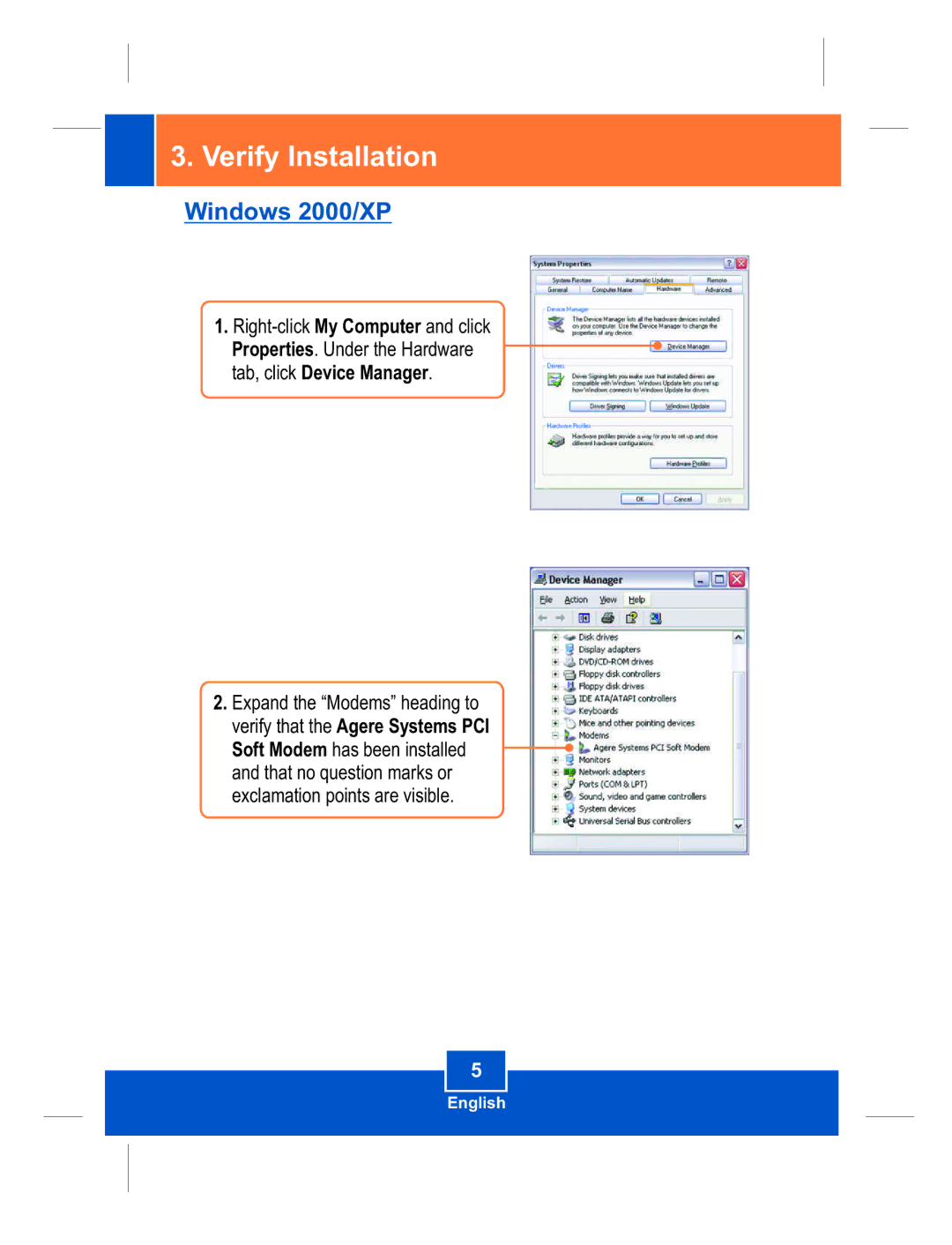 TRENDnet TFM-PCIV92 manual Verify Installation, Windows 2000/XP 