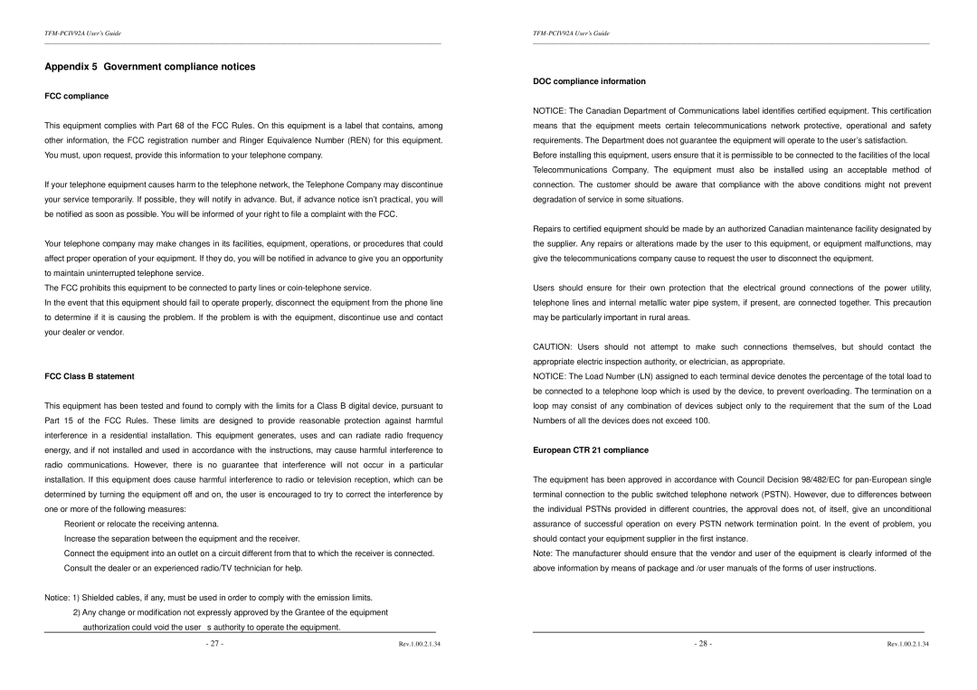 TRENDnet TFM-PCIV92A Appendix 5 Government compliance notices, FCC compliance, FCC Class B statement 