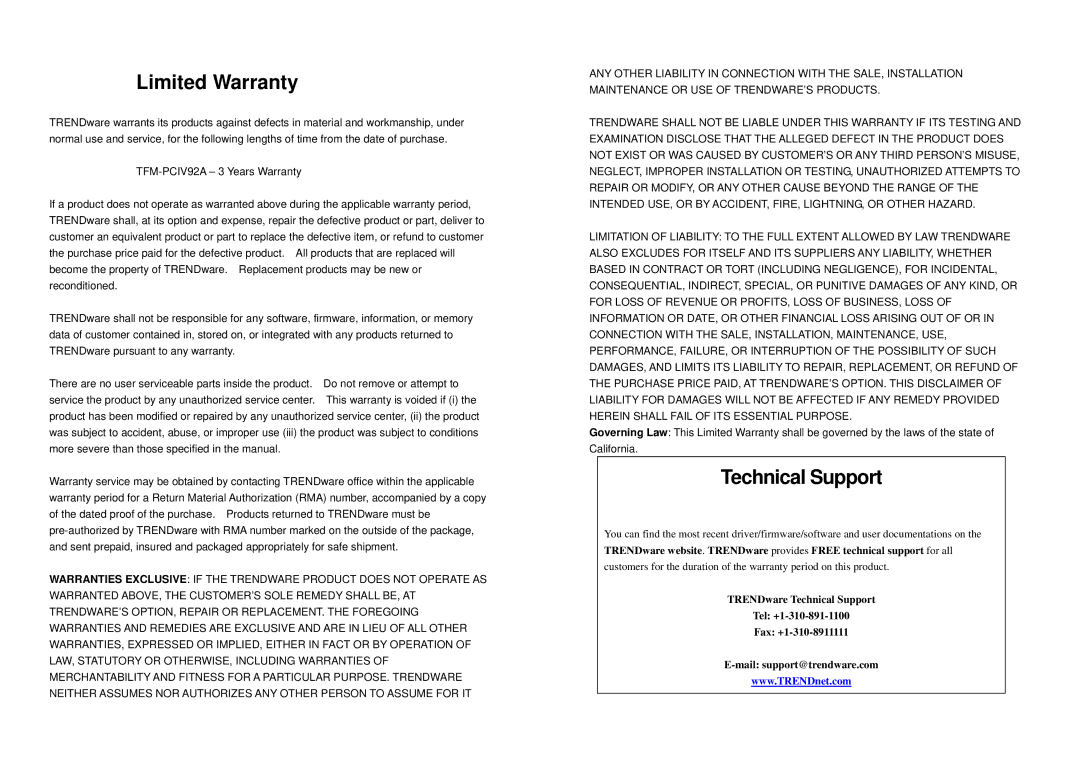 TRENDnet TFM-PCIV92A installation instructions Limited Warranty 