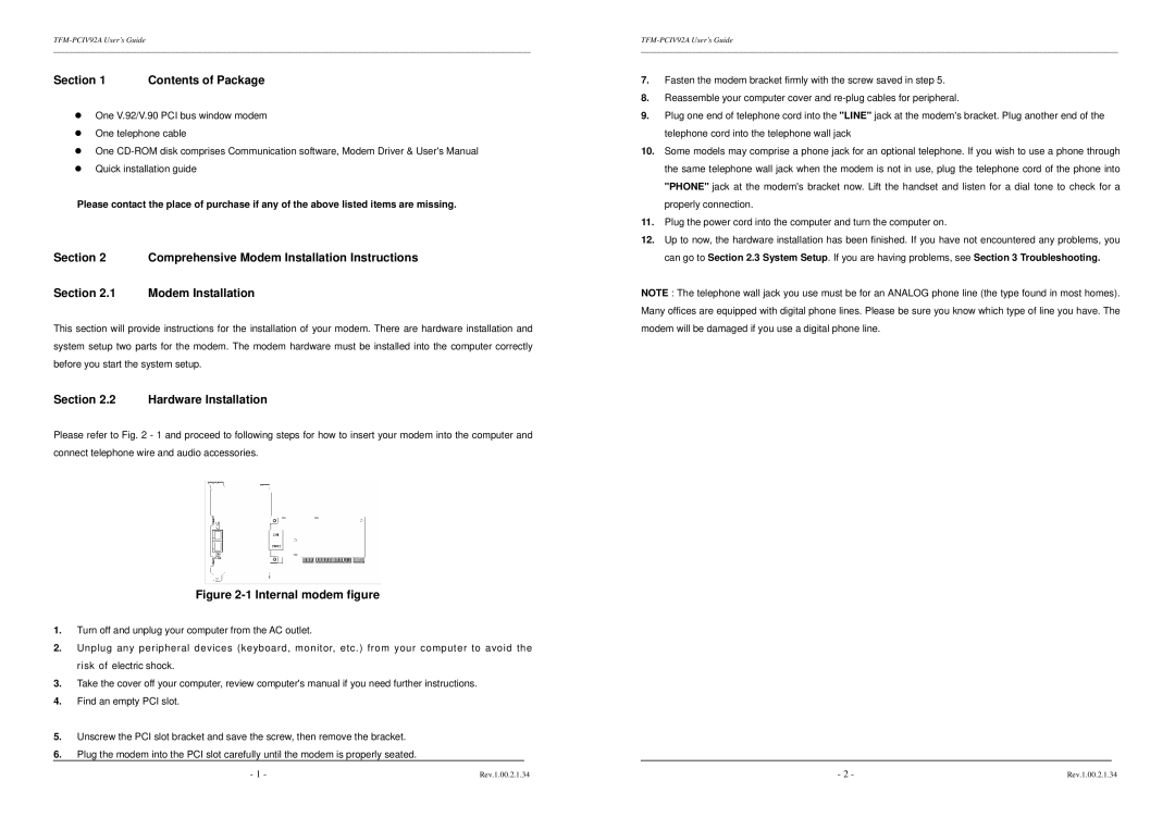 TRENDnet TFM-PCIV92A installation instructions Contents of Package, Hardware Installation 