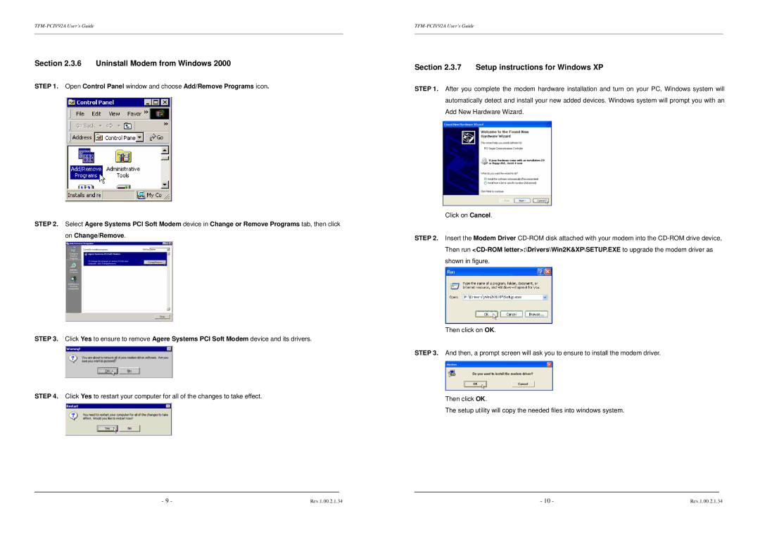 TRENDnet TFM-PCIV92A installation instructions Uninstall Modem from Windows, Setup instructions for Windows XP 