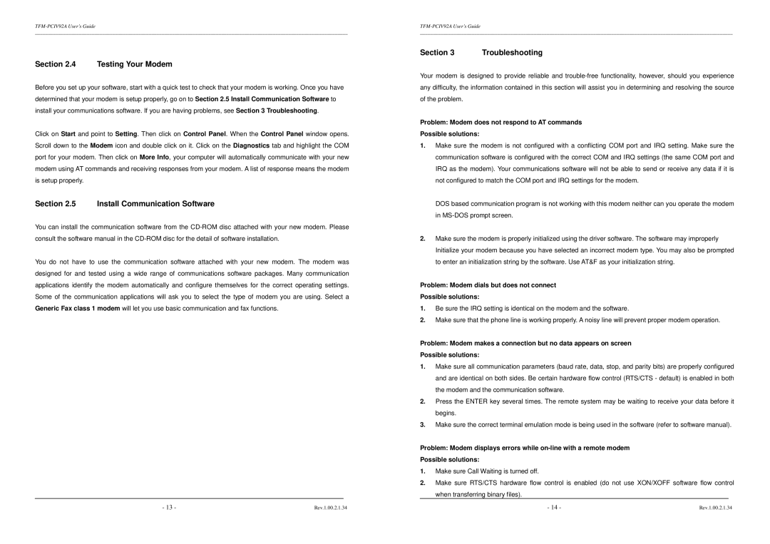 TRENDnet TFM-PCIV92A installation instructions Testing Your Modem, Install Communication Software, Section 