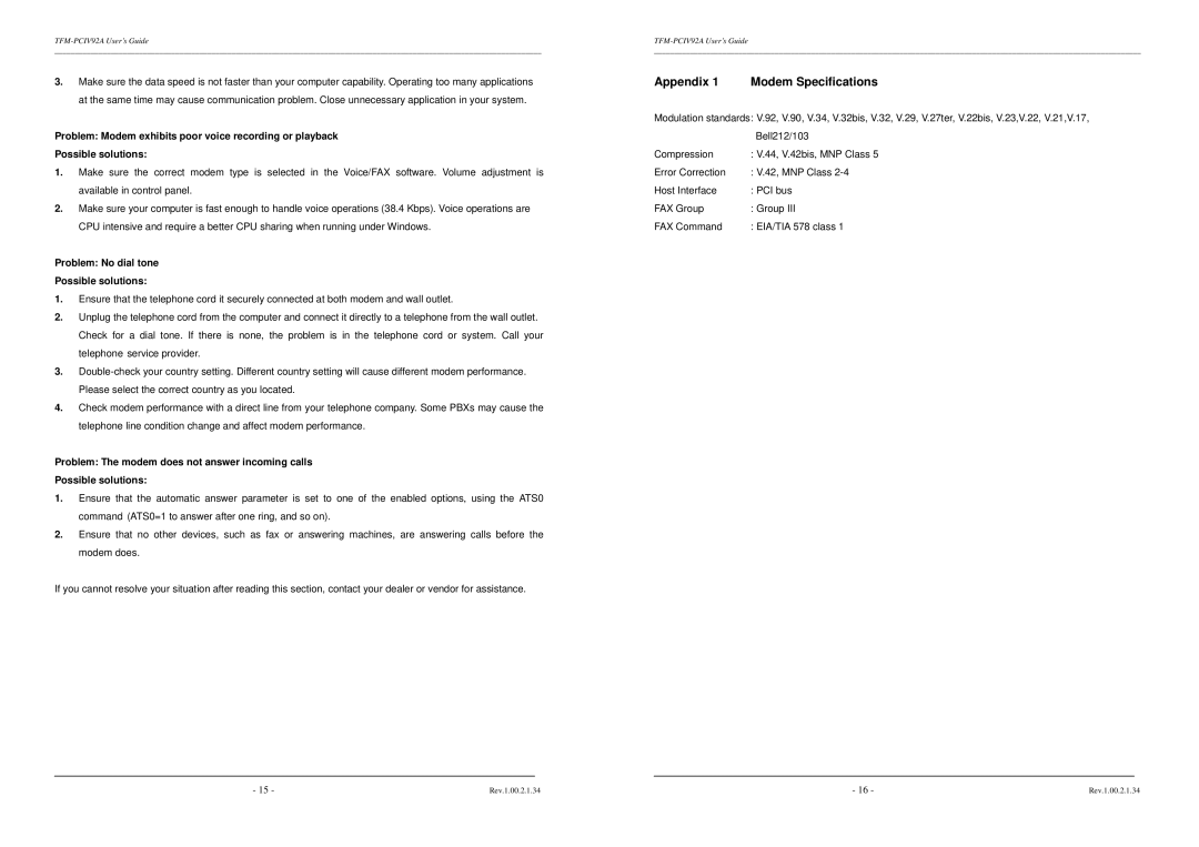 TRENDnet TFM-PCIV92A Appendix Modem Specifications, Problem Modem exhibits poor voice recording or playback 