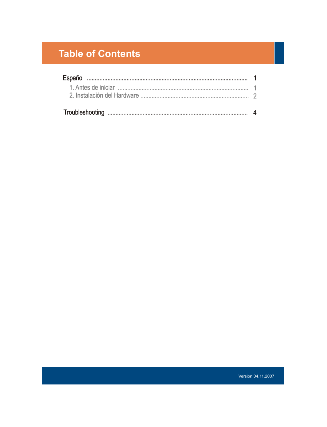 TRENDnet TFU-430 manual Table of Contents, Español, Antes de iniciar, Instalación del Hardware, Troubleshooting, Version 