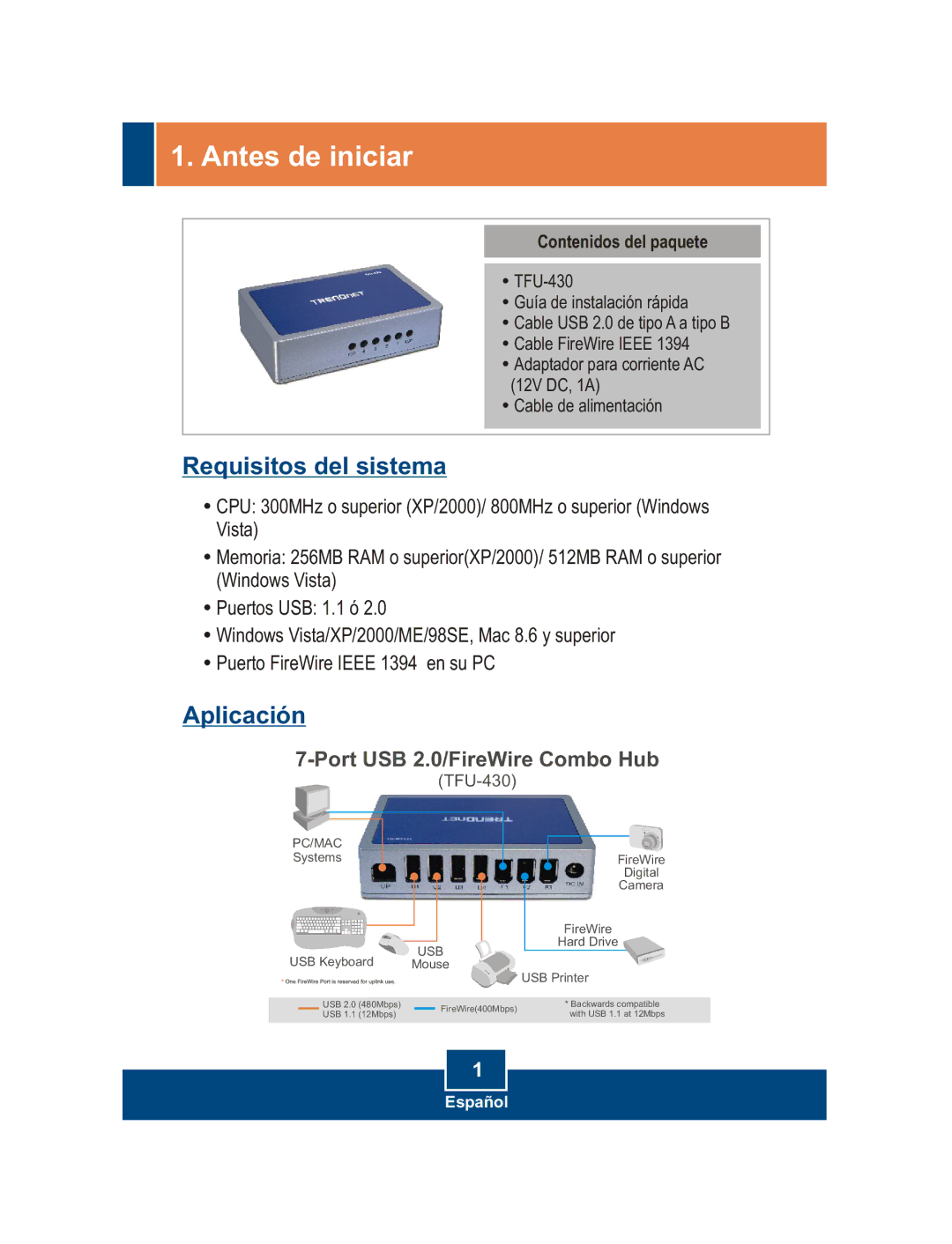 TRENDnet TFU-430 manual Antes de iniciar, Contenidos del paquete 