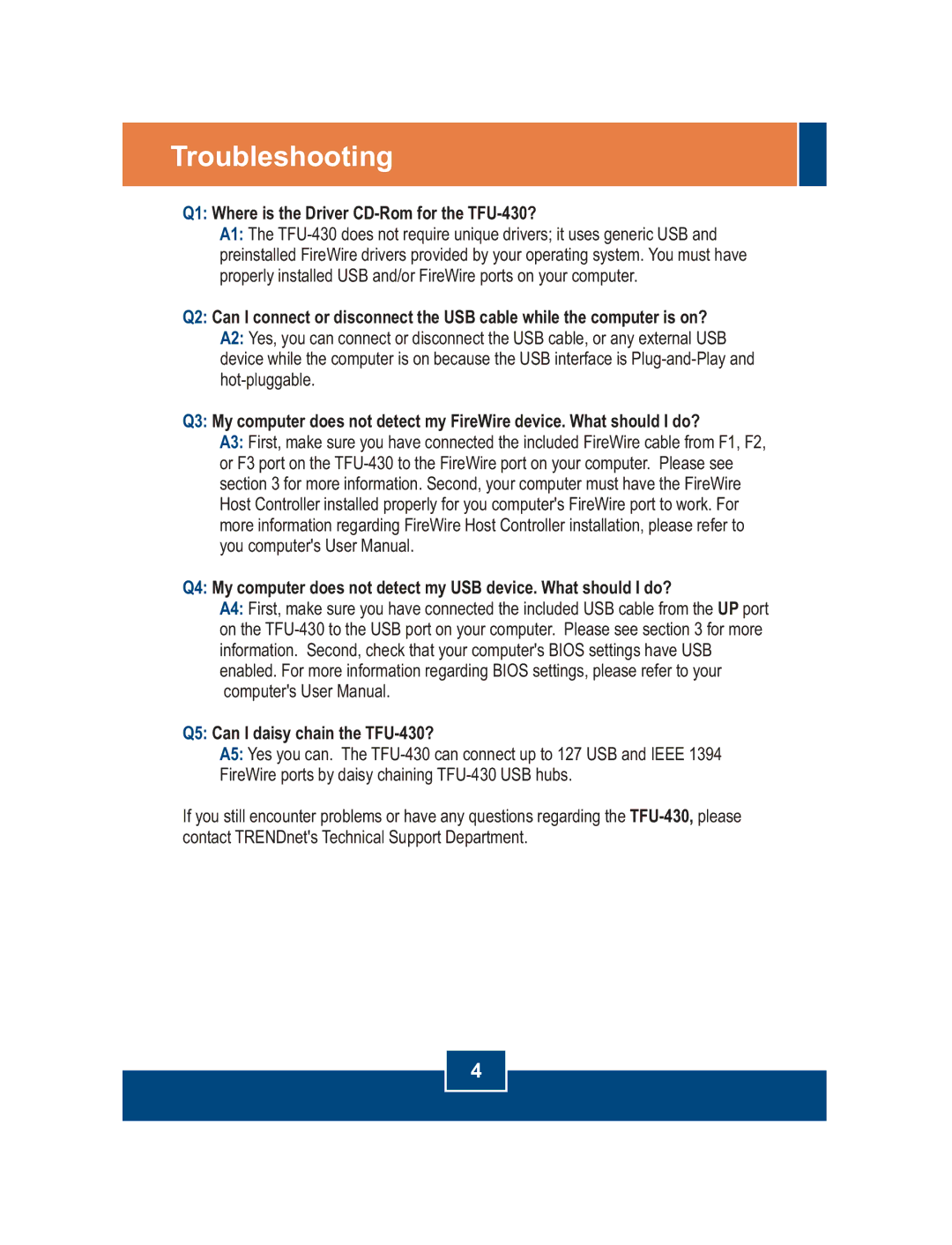 TRENDnet manual Troubleshooting, Q1 Where is the Driver CD-Rom for the TFU-430? 