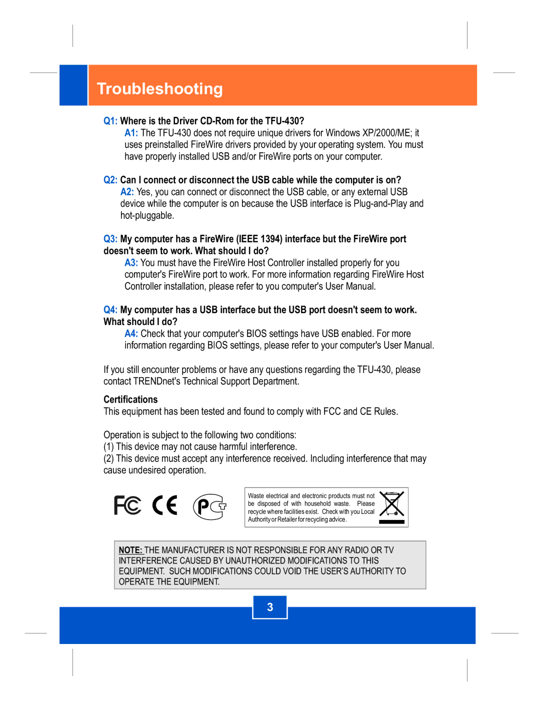 TRENDnet manual Troubleshooting, Q1 Where is the Driver CD-Rom for the TFU-430?, Certifications 