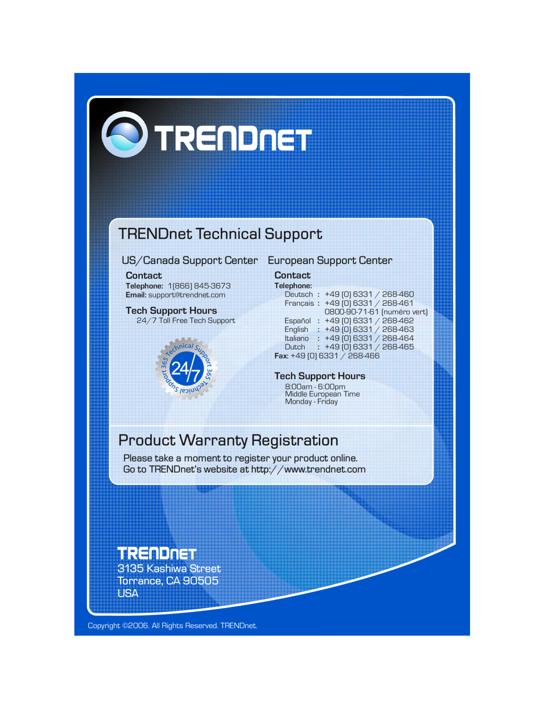 TRENDnet TFU-H33PI TRENDnet Technical Support, Product Warranty Registration, Kashiwa Street Torrance, CA USA, Contact 