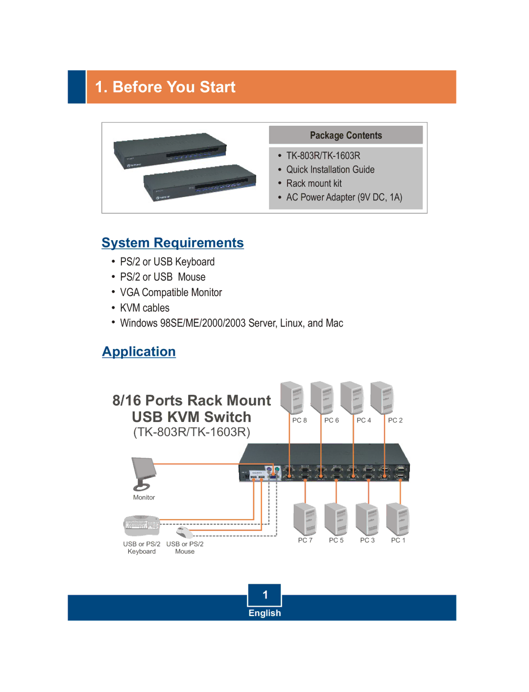 TRENDnet TK-803R, TK-1603R manual Before You Start, System Requirements 