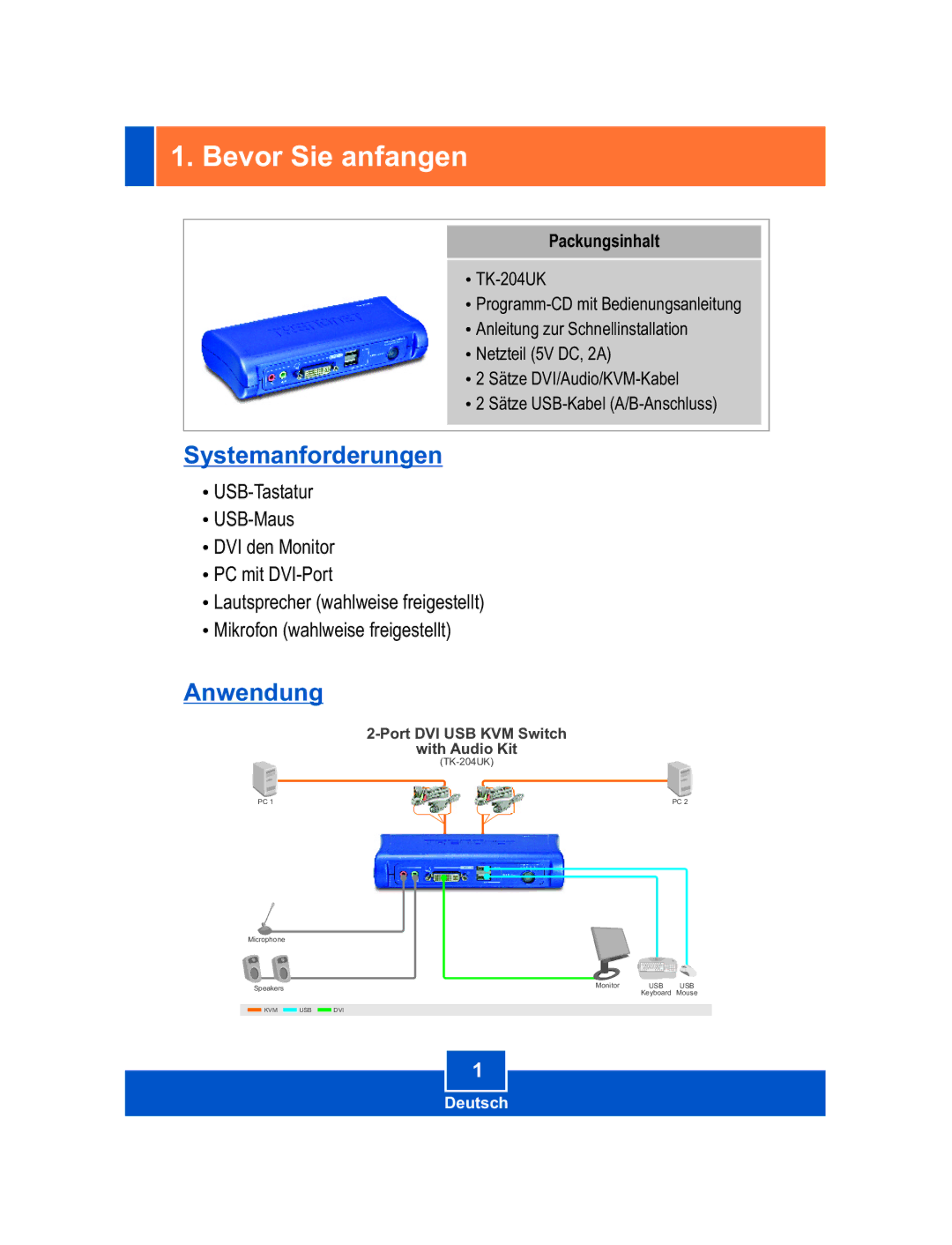 TRENDnet TK-204UK manual Bevor Sie anfangen, Systemanforderungen, Anwendung 