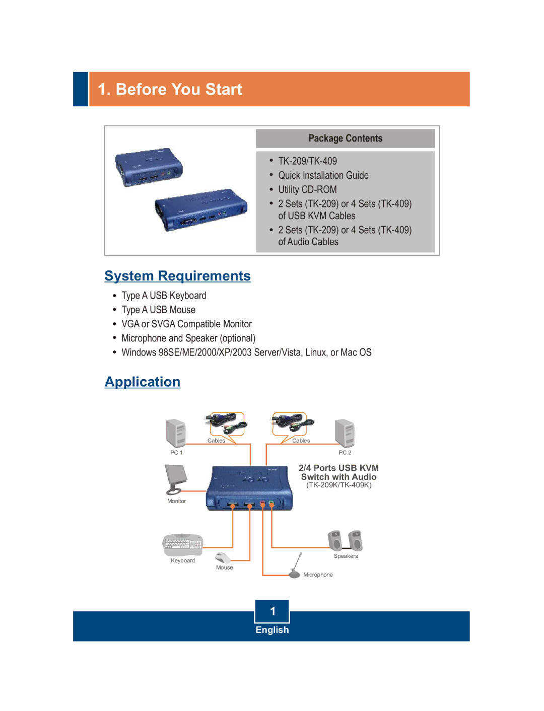 TRENDnet tk-209k, tk-409k, TK-209K, TK-409K manual Before You Start, Package Contents 