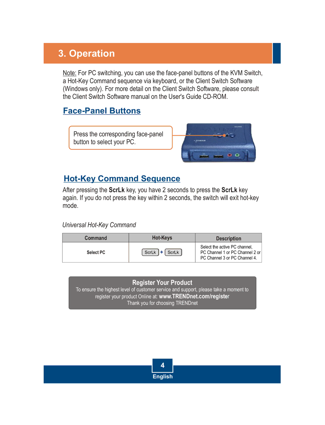 TRENDnet tk-209k, tk-409k, TK-209K, TK-409K manual Operation, Hot-Key Command Sequence 