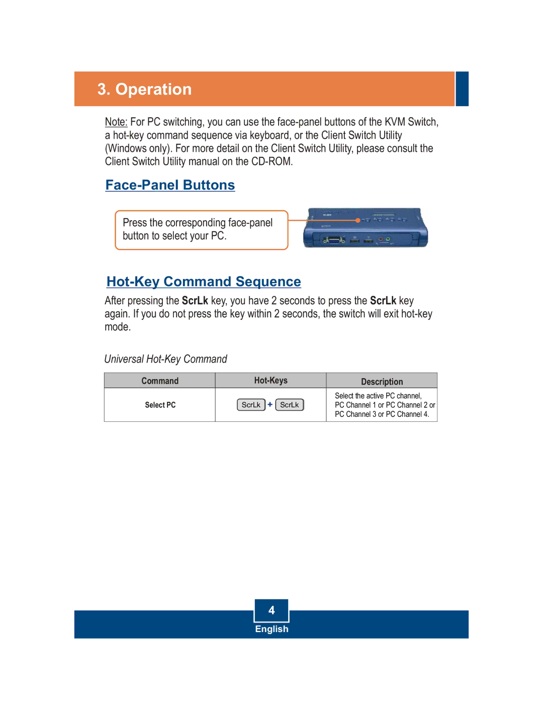 TRENDnet tk-209k, tk-409k manual Operation, Hot-Key Command Sequence 