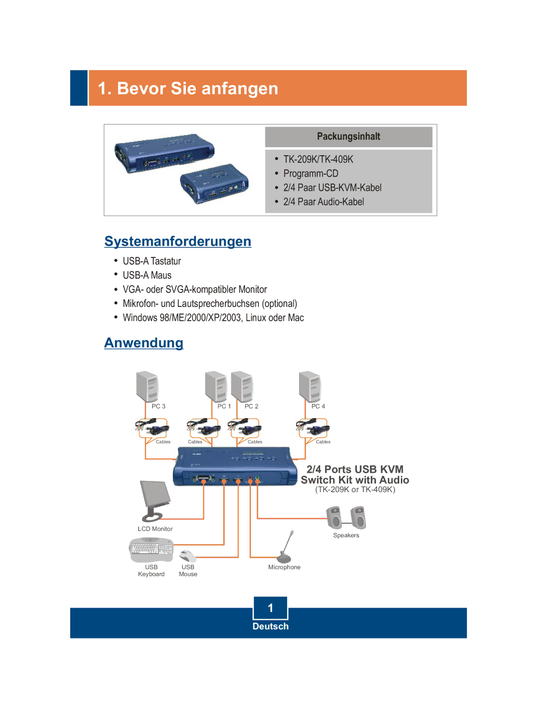 TRENDnet tk-409k, tk-209k manual Bevor Sie anfangen, Systemanforderungen 