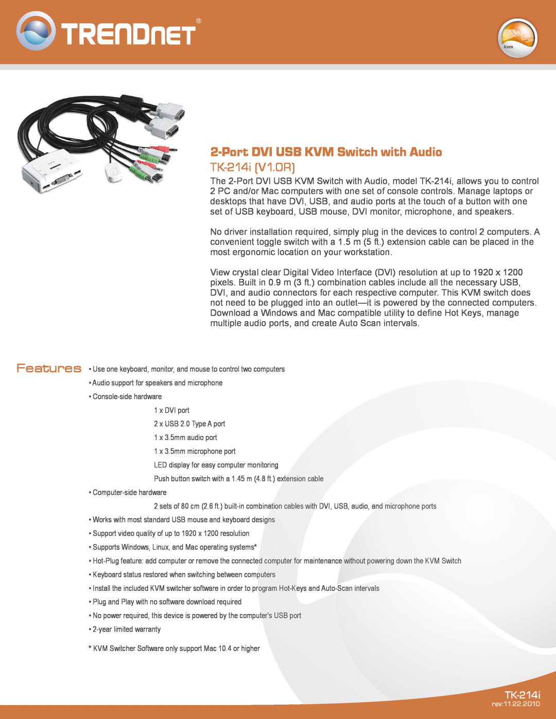 TRENDnet TK214i warranty Port DVI USB KVM Switch with Audio, TK-214i V1.0R 
