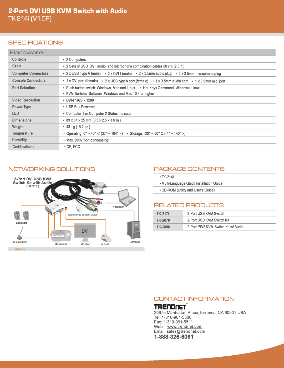 TRENDnet TK214i Port DVI USB KVM Switch with Audio, TK-214i V1.0R, Specifications, Hardware, Networking Solutions 