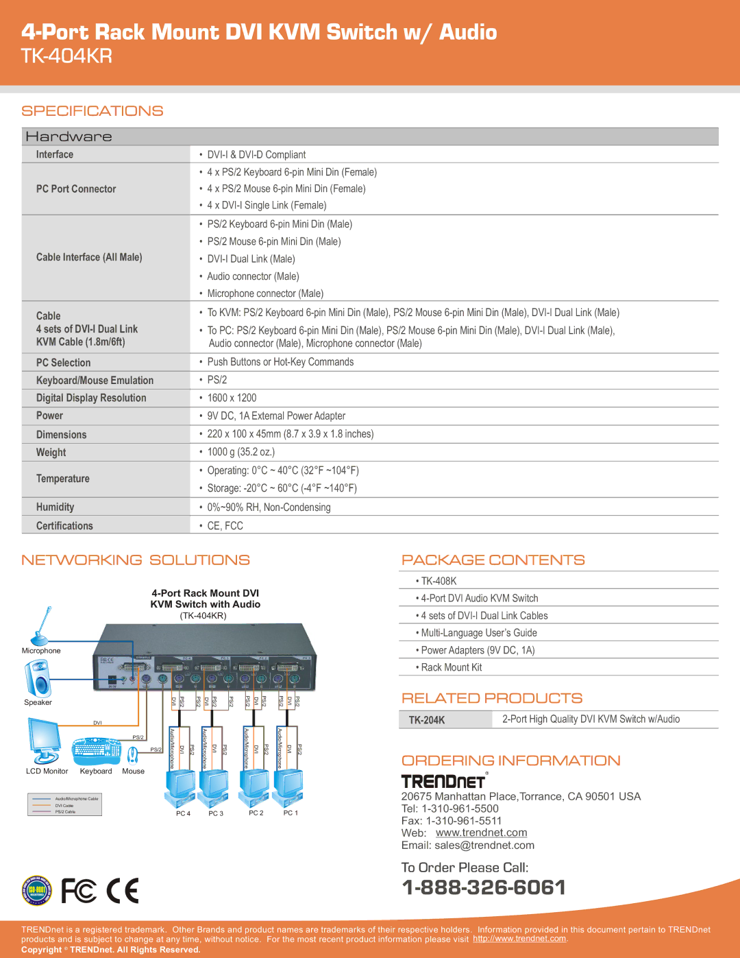 TRENDnet TK-404KR warranty Specifications, Networking Solutions, Package Contents, Related Products, Ordering Information 