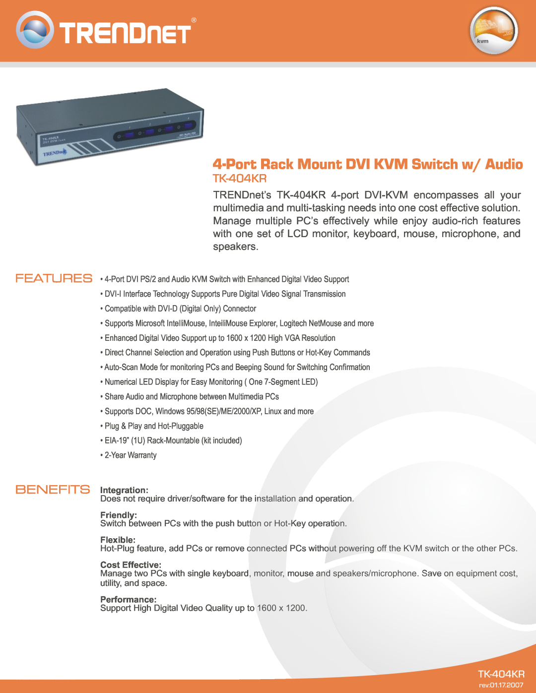 TRENDnet TK-404KR warranty Port Rack Mount DVI KVM Switch w/ Audio, BENEFITS Integration, Friendly, Flexible, Performance 